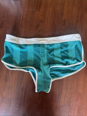 Aerie Striped Green women’s boy cut Swim bottoms with off-white Trim